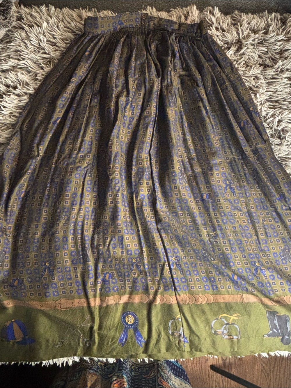 Bohemian Olive & Navy Patterned Maxi Skirt